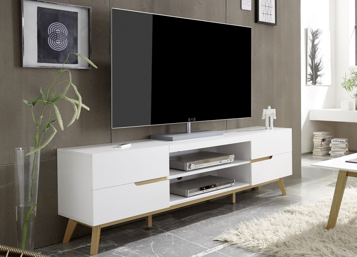 Meuble TV moderne blanc et bois 169 cm