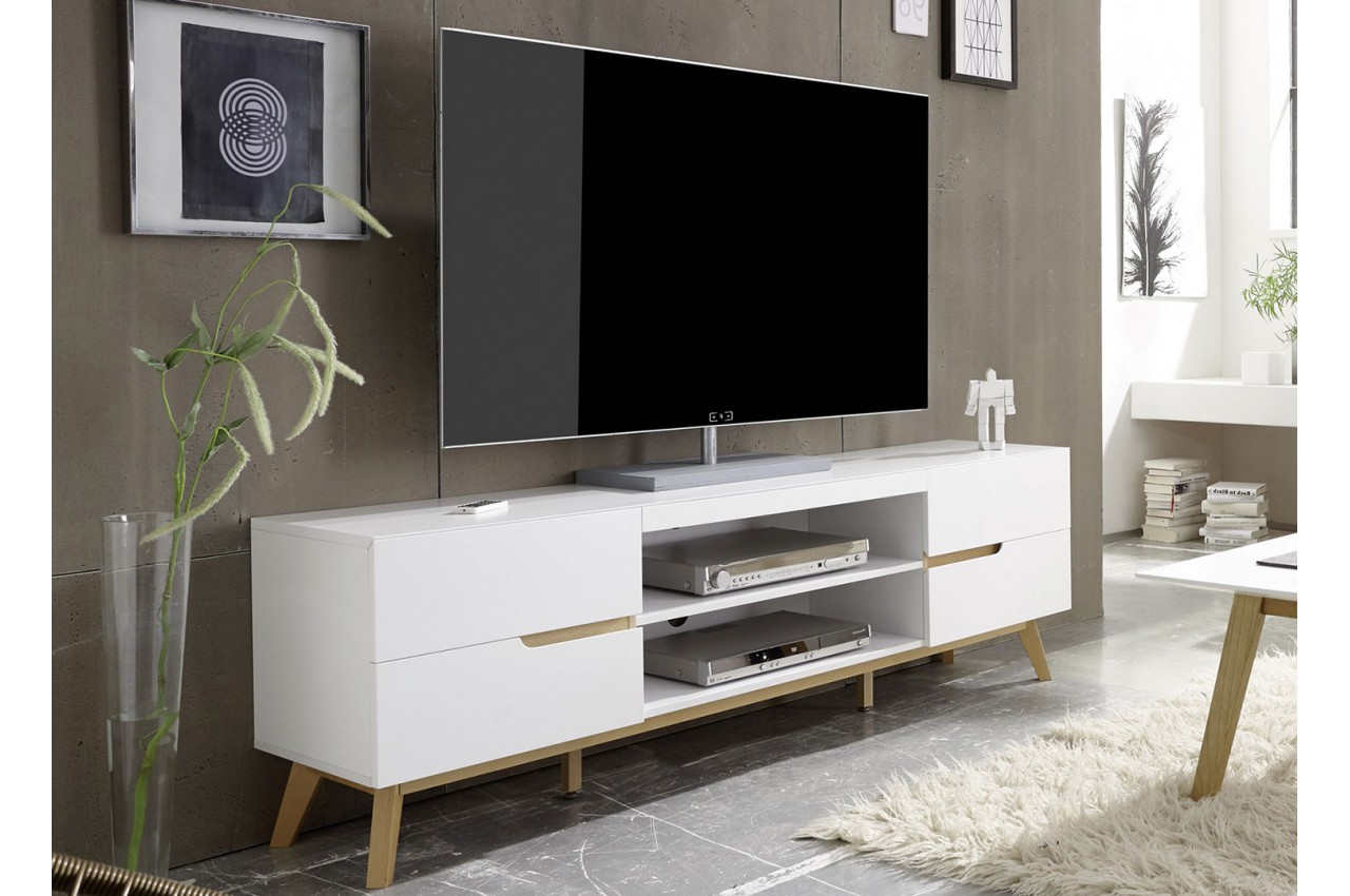  Meuble  TV  moderne  blanc et bois 169 cm pour salon