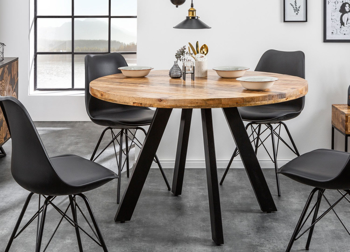 Table ronde en bois massif de manguier et pied métal