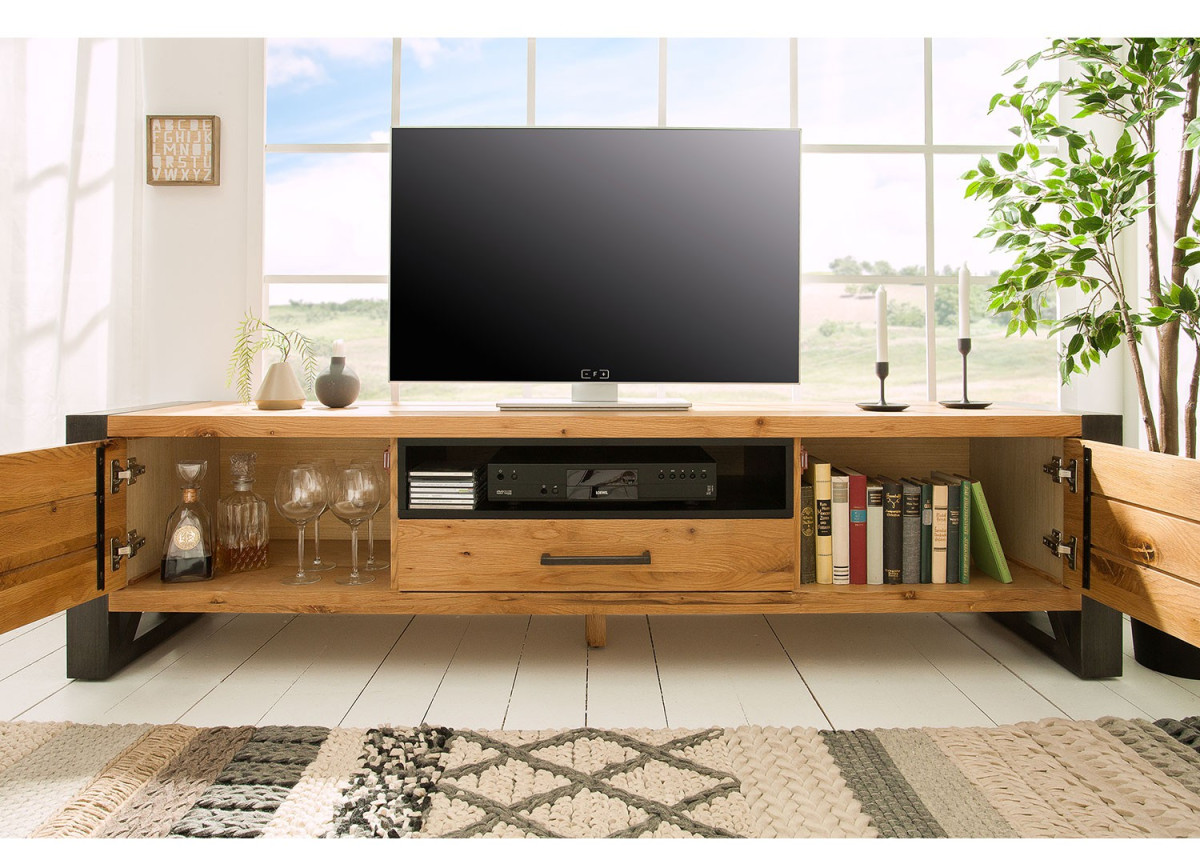 Banc tv 200 cm en chêne et métal