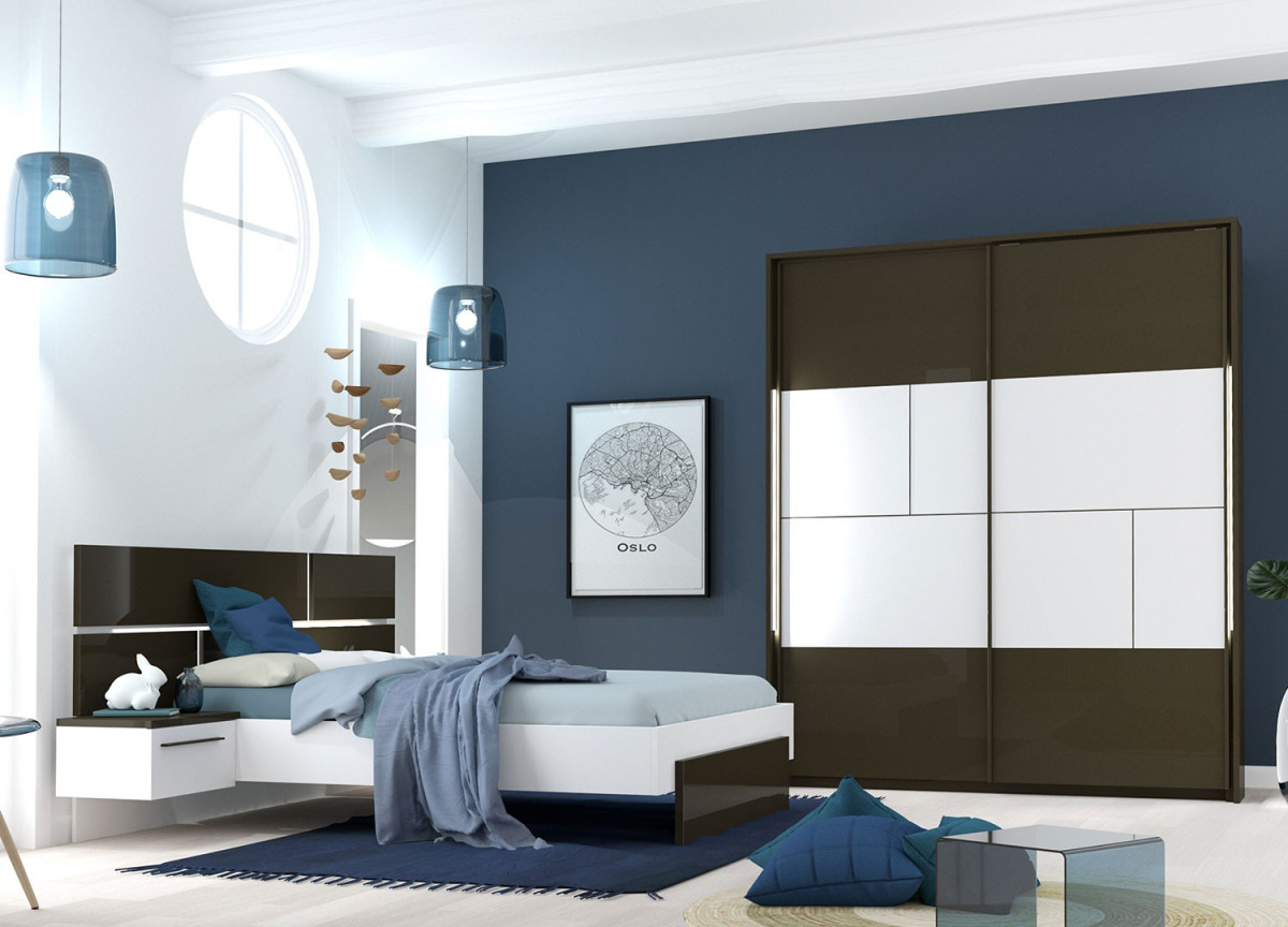 Lit 140/160/180 + chevet suspendu et armoire coulissantes
