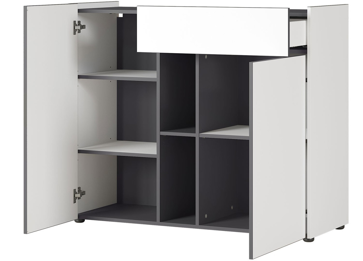 Commode 2 portes 1 tiroir 2 niches blanche & grise