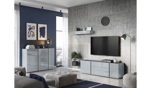 Meuble de salon et TV design gris graphite et verre gris