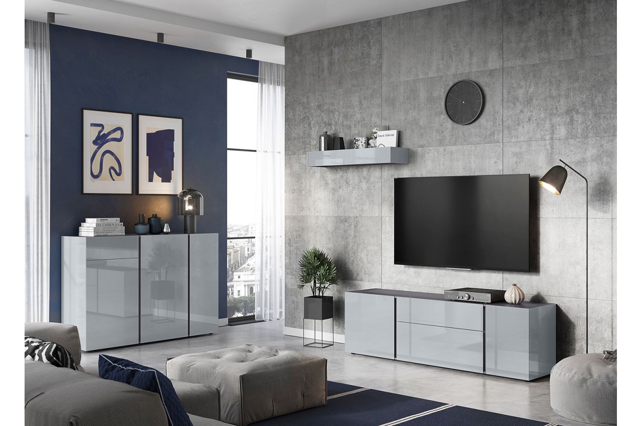 Meuble de salon  et TV  design  gris graphite et verre gris 