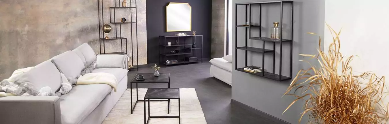 mobilier de salon moderne aspect marbre et métal noir