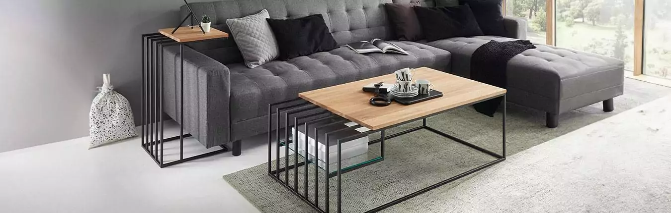table basse et bout de canapé en bois massif chêne et métal noir