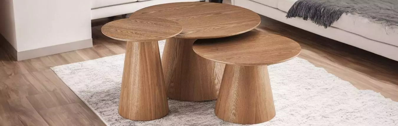 ensemble 3 tables basses rondes en placage de chêne