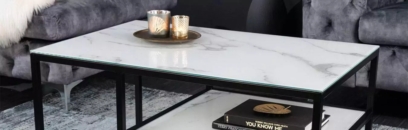 table basse rectangulaire en verre marbre blanc