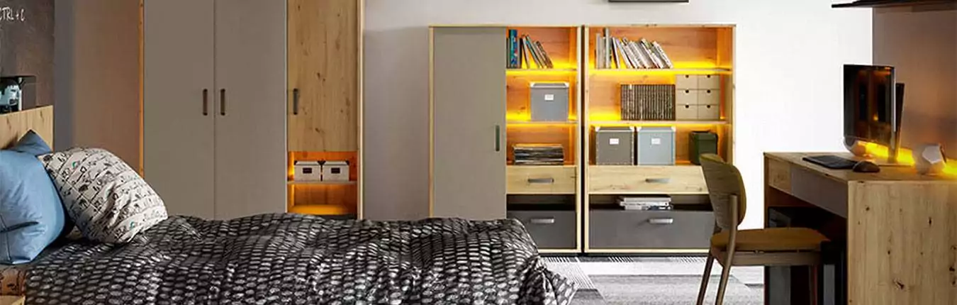 Ensemble de meuble de chambre pour ado couleur bois et graphite avec led orange