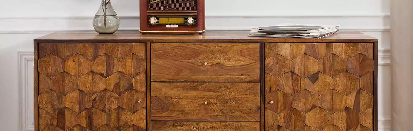 meuble buffet en bois de sesham rétro avec portes et tiroirs