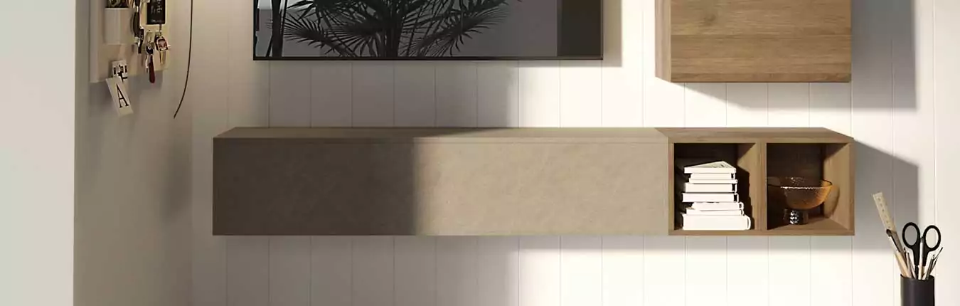 Mobilier design suspendu argile et chêne mercure