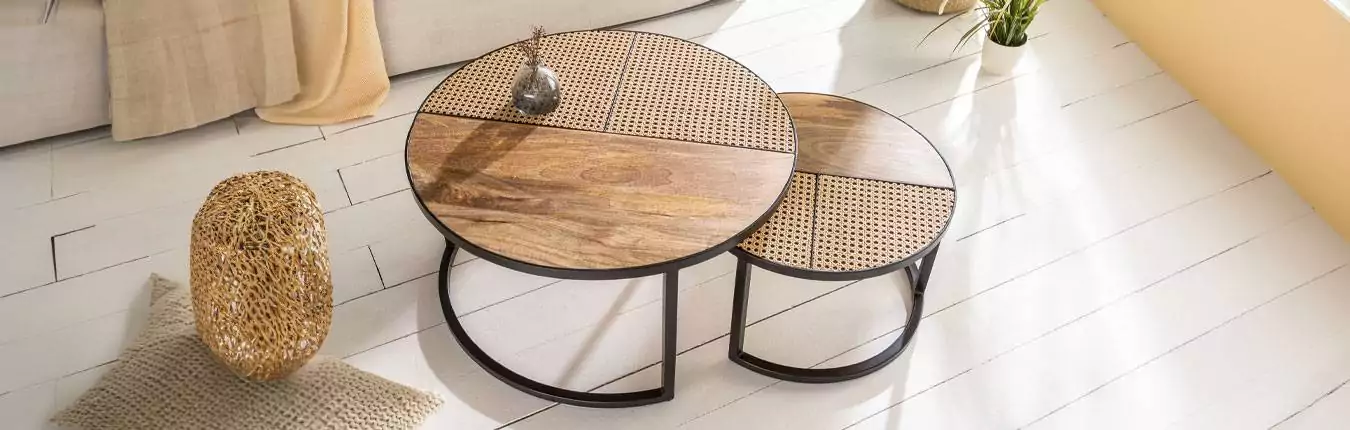 table basse gigogne ronde en bois et osier