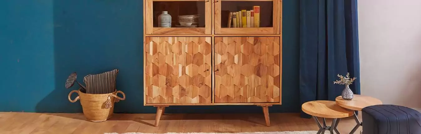 buffet marqueterie en bois d'acacia et façades 3d