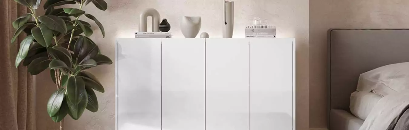 buffet blanc 4 portes avec étagères couleur bois