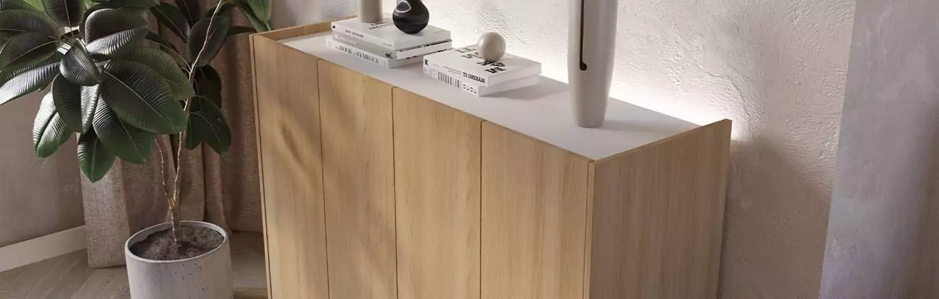 meuble buffet de rangement 4 portes couleur chêne et blanc