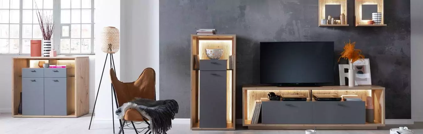 meubles de salon modernes gris et bois