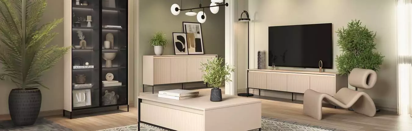 meubles de salon modernes beige sable et métal noir