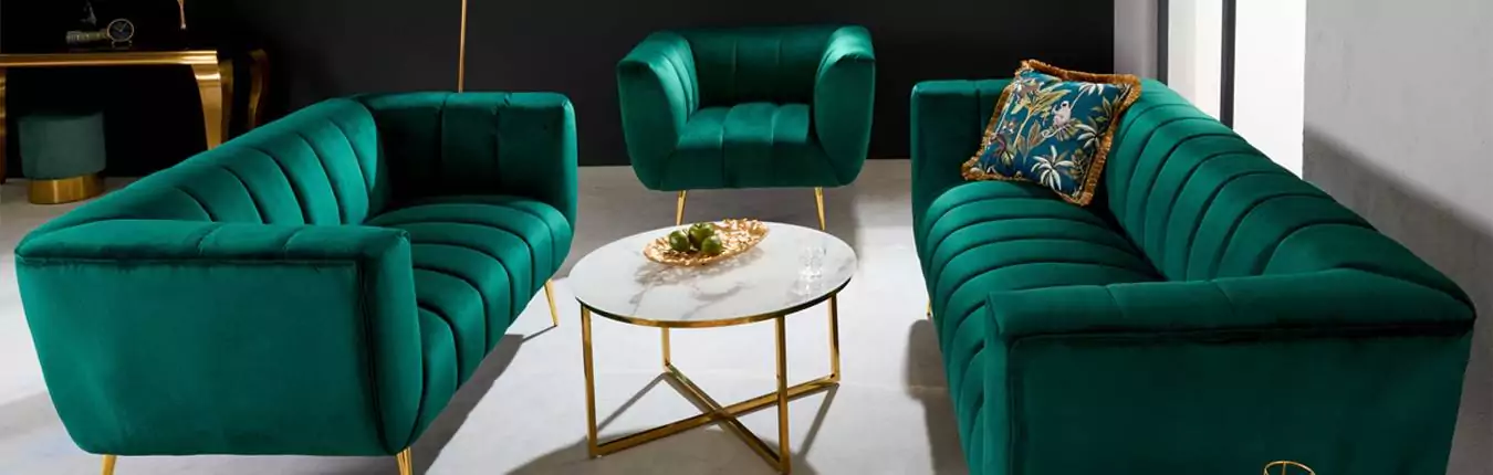 canapé et fauteuil contemporain en velours vert