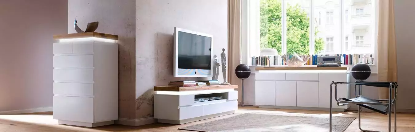 mobilier design blanc et chêne massif à led