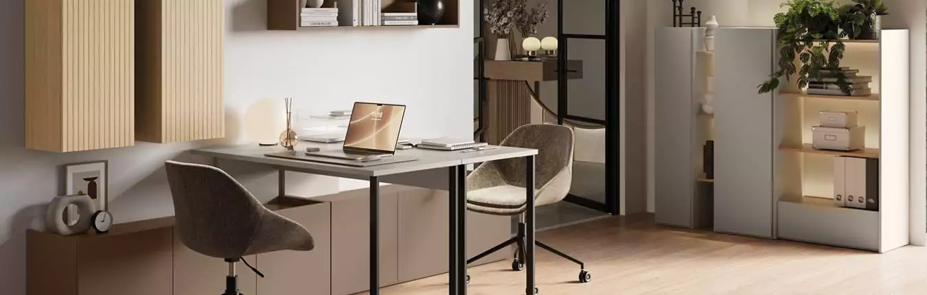 bureau et meuble de rangement moderne couleur cachemire et bois