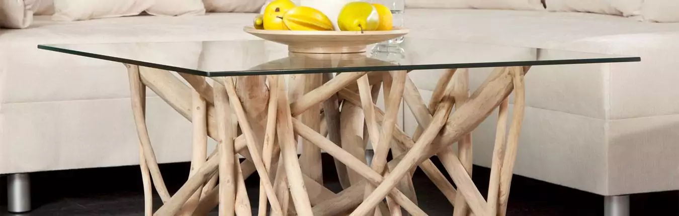 table basse originale en verre et bois de teck flotté