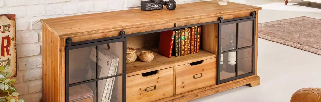 Meuble tv en bois de pin à portes coulissantes