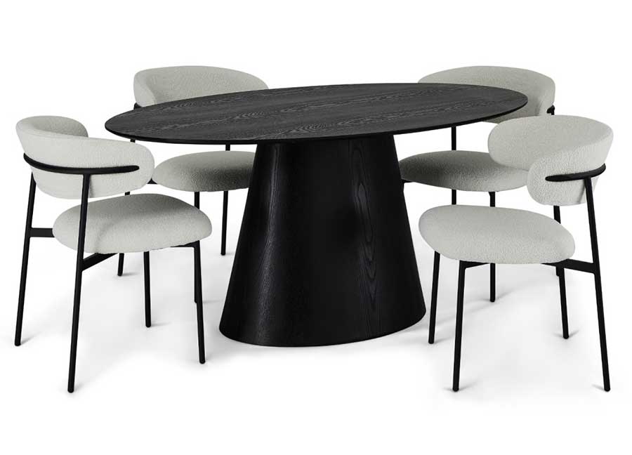 table salle a manger ovale design en bois chêne noir et chaises de table en tissu côtelé blanche