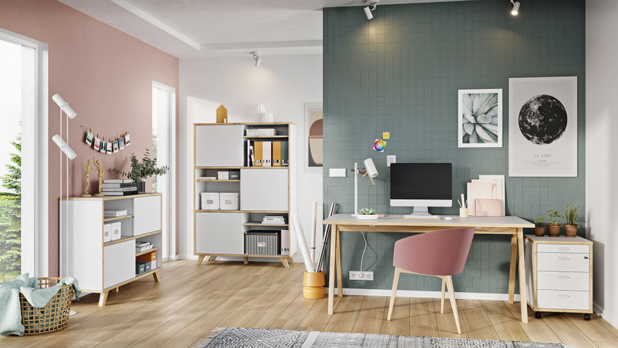 meuble bureau intérieur design blanc et bois
