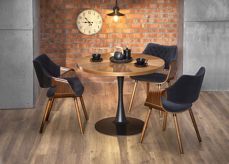 table ronde en bois et chaise design noyer et velours
