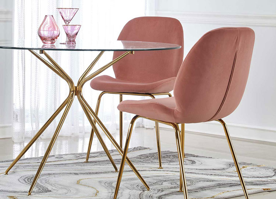 Chaise de table tissu rose et piétement doré or avec table en verre ronde