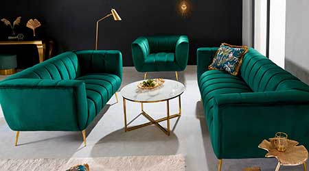 Salon avec fauteuil et canapé 2 et 3 places vert sapin en velours