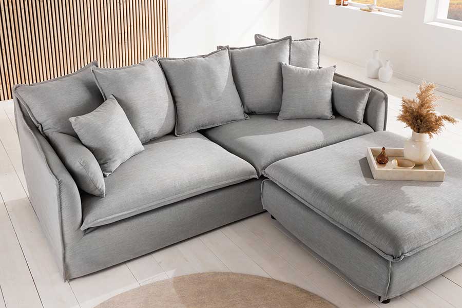 canapé de salon en lin gris + pouf amovible moderne