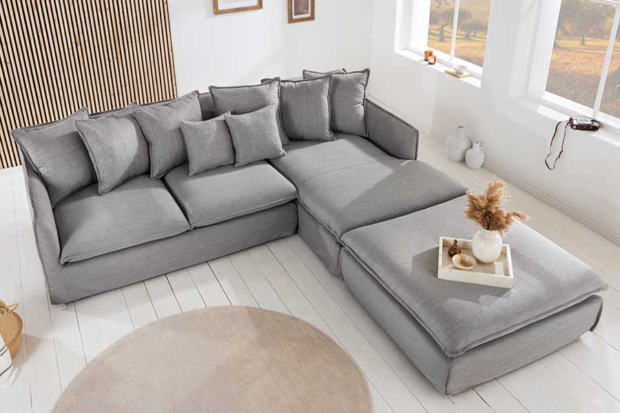 canapé de salon d'angle en lin + pouf assorti moderne amovible