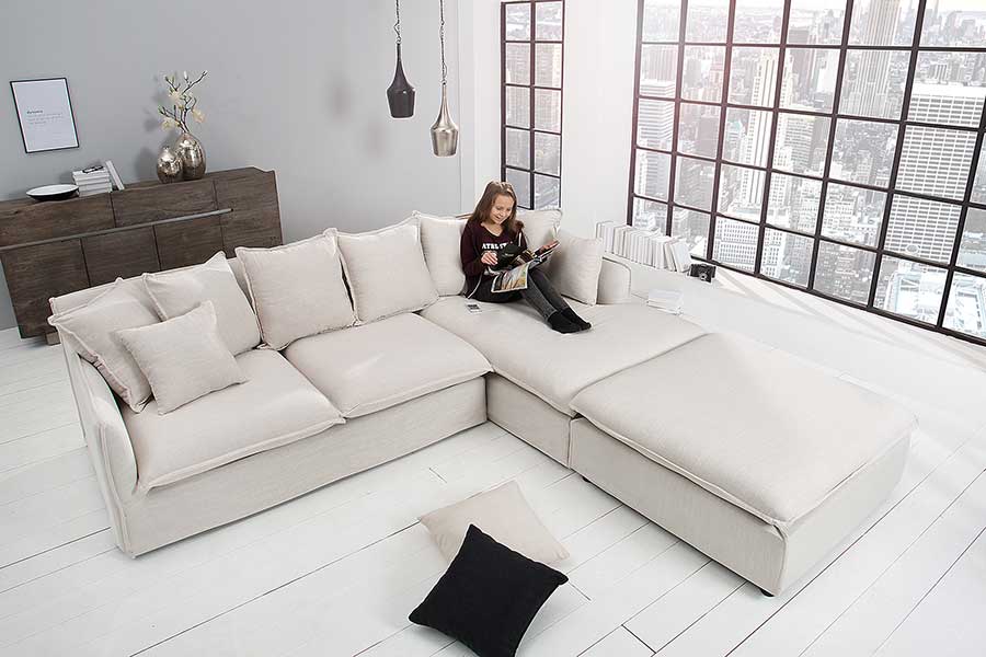 canapé de salon d'angle en lin + pouf assorti moderne