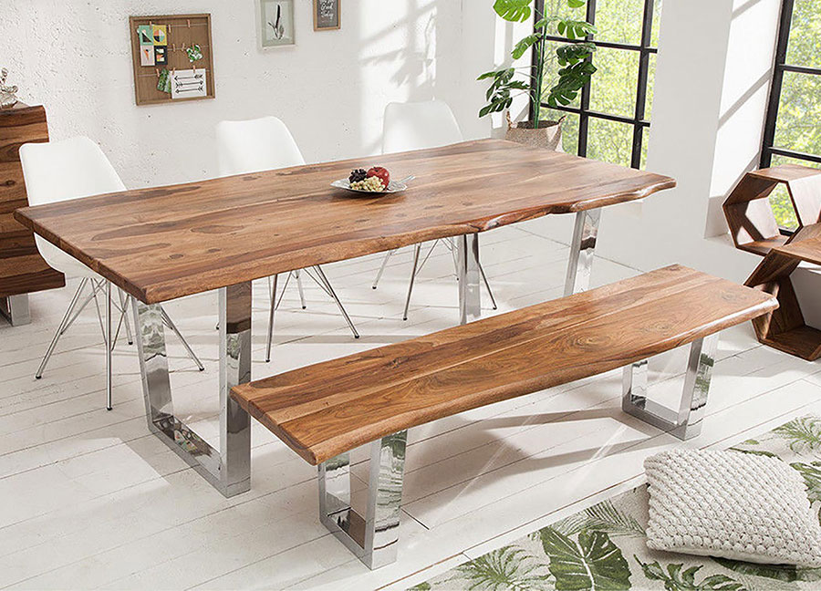 table et banc de salle à manger en bois massif de sesham et acier chromé