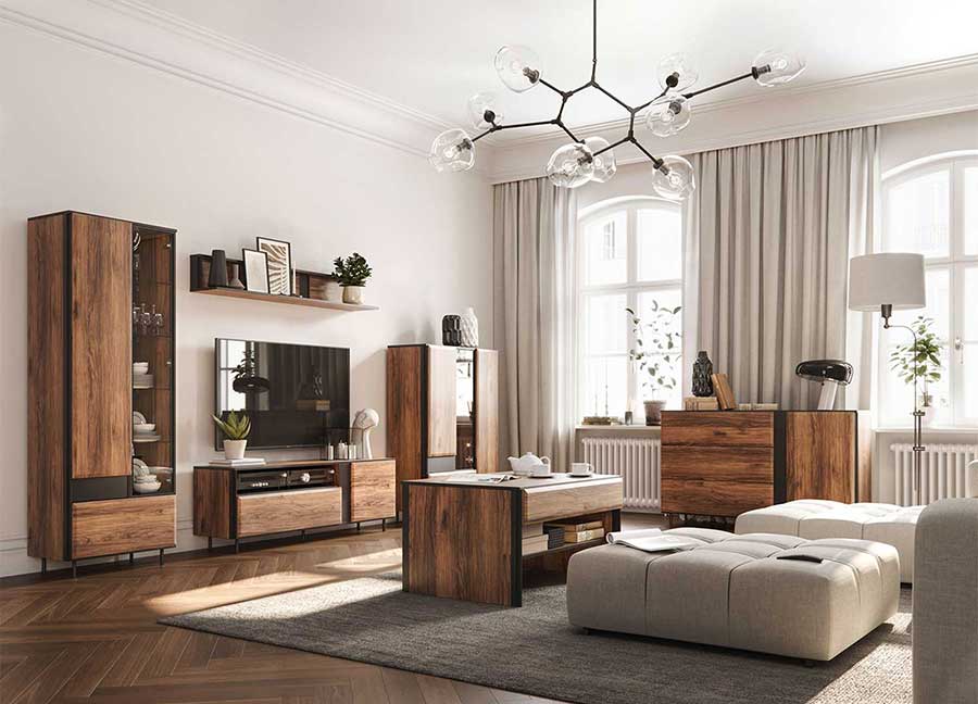 meuble de salon design contemporain finition bois chêne foncé et noir