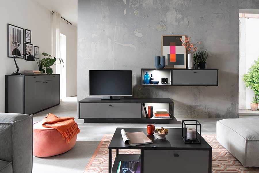 meuble tv, table basse et meuble suspendu design gris anthracite