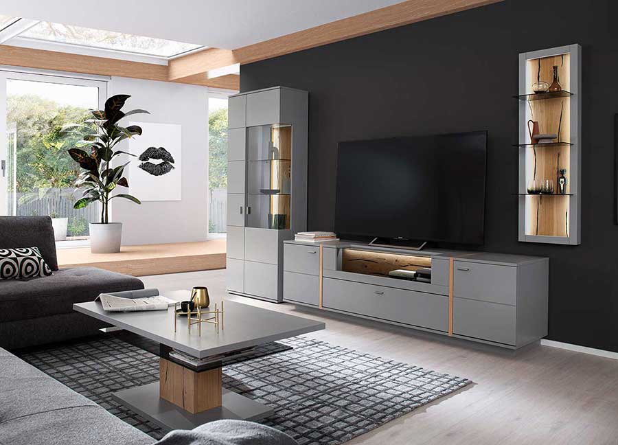 meubles de salon design gris laqué, bois et verre