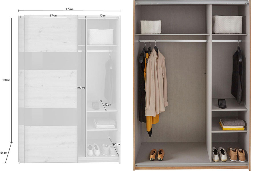 mesures et détail intérieur de l'armoire de chambre