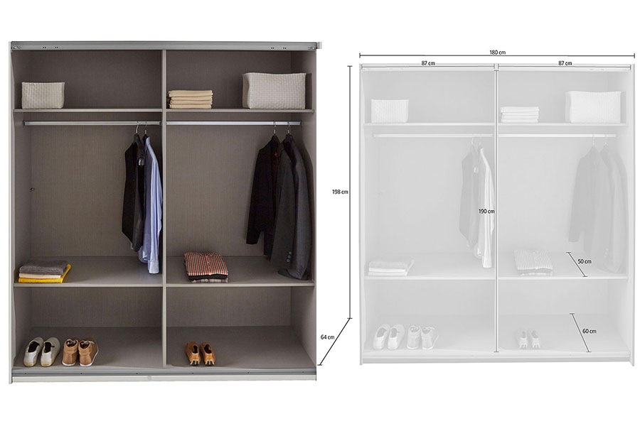 mesures et détail intérieur de l'armoire de chambre 180 cm