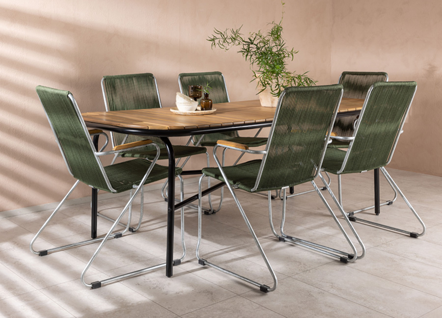 ensemble de chaises de jardin en cordage vert et acier zingué et une table de repas en bois d'acacia